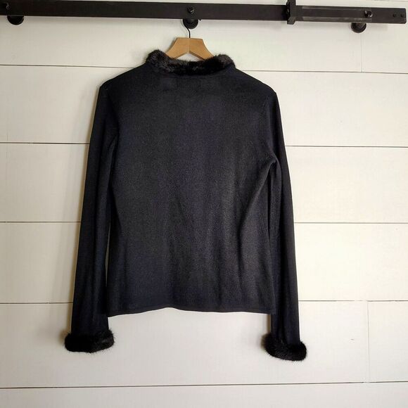 Vtg Bloomingdale’s Cardigan PS Black Cashmere Silk Fur Trim Y2K Quiet Luxury 90s - Picture 2 of 8